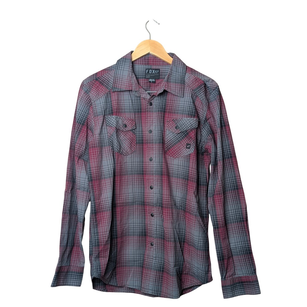 Fox Racing Button Down Shirt Mens L Burgundy Grey Plaid Heritage Forged 17302